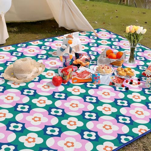 Block Floral Picnic Blankets Waterproof Foldable, 60″X80″Boho Thick Picnic Mat Outdoor Blanket for Grass,Cute Beach Blanket Sandproof Picnic Accessories for Camping Picnic Party Park Hiking - color: A07, size: 5' X 6'8" (Rectangular)