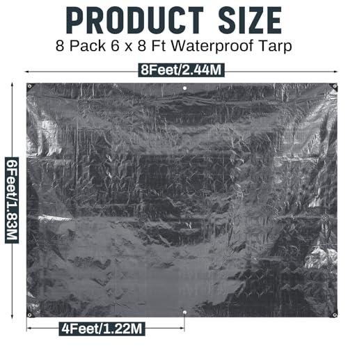 8 Pack 6 x 8 ft 5.5 Mil Large Tarps Heavy Duty Waterproof Tarp Multi Purpose Tent Cover for Home Boats Cars Camping Patio Furniture Roof Emergency Rain Protective Cover, Gray - color: Gray, size: 6 x 8 ft