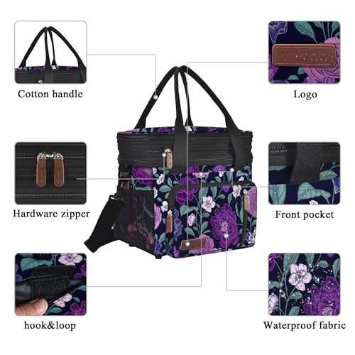 MIYCOO Lunch Bag & Lunch Box for Women Men, Double Deck Leakproof Insulated Soft Large Adult Camping Cooler bag for Work, Beach, Picnic, Travel (Purple Flower, 15L) - color: Purple Flower
