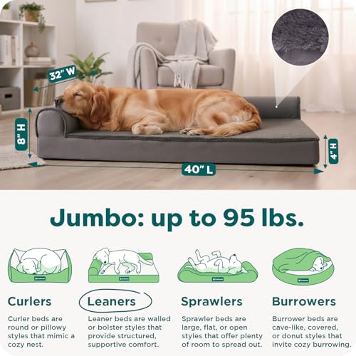 Furhaven Cooling Gel Dog Bed for Large Dogs w/ Removable Bolsters & Washable Cover, For Dogs Up to 95 lbs - Plush & Velvet L Shaped Chaise - Platinum Gray, Jumbo/XL - color: (Plush & Velvet) Platinum Gray, size: Jumbo