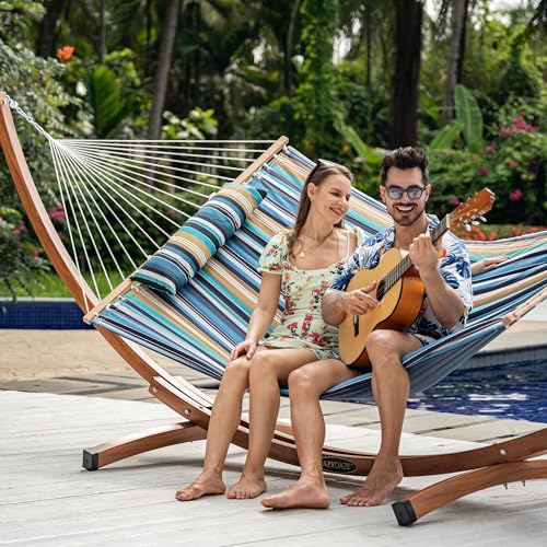 Lazy Daze Hammocks 12 FT Quilted Fabric Double Hammock with Spreader Bars and Detachable Pillow, 450lbs Weight Capacity - color: Beach Stripes