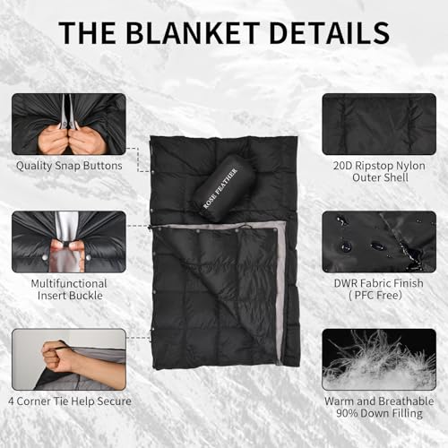 Down Camping Blanket - Lightweight, Packable, Warm & Puffy Outdoor Travel Quilt for Sleep, Hiking, Backpacking, Stadium, Festivals, Water-Resistant Sleeping Bag 55"x79" - color: Midnight Black, size: 1LB 1.6OZ / 79" x 55"
