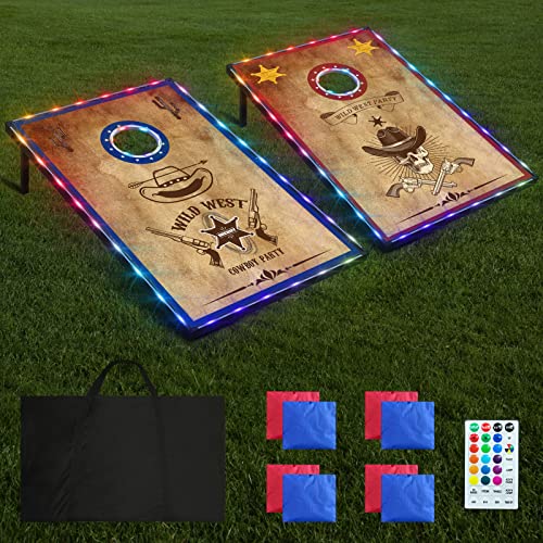 LED Cornhole Board Set, 4'x2'/3'x2' Regulation Size Cornhole Boards Games Set, Corn Holes Outdoor Game, Corn Hole Game Set w/ 2 Boards, 8 Beans Bags for Backyard, Beach, Lawn (3'×2' Wild West)