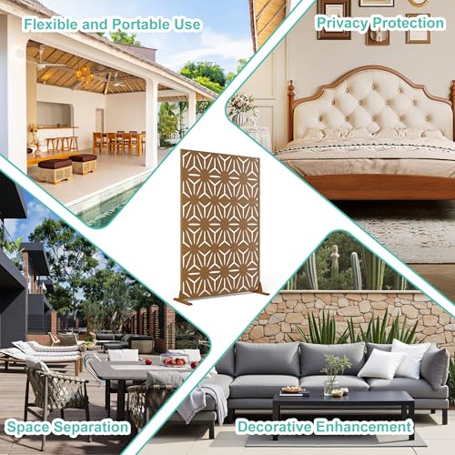 Modern Metal Privacy Screen, Patio Outdoor Privacy Panels with Stand, Freestanding Outdoor Divider for Yard, Deck＆Garden(71.3"*47.3"*15.7") - color: Brown,Star