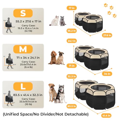 EighteenTek® 2-in-1 Pop Up Cat Playpen, Assembly-Free Dog Puppy Pet Playpen, Indoor Outdoor Cats Enclosed, Cat Tent House Crate Cage, Portable & Foldable Playpen for Kittens(No Divider, Unified Space) - color: Beige, size: M, 71"L x 34" x 24.1"H