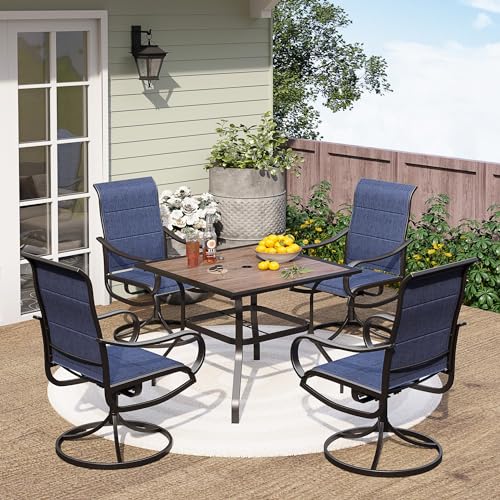 PHI VILLA 5 Piece Outdoor Patio Dining Set with 4 Padded Swivel Dining Chairs & 1 Wood-Look Dining Table, All Weather Blue Chair and Metal Table for Deck Lawn Garden - color: Blue Padded Fabric, size: 37"L x 37"W x 28"H-Wood-Look-5 Piece