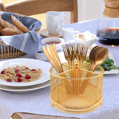 DysanVica 360° Rotating Metal Utensil Caddy - 4 Compartment Silverware Cutlery Holder Rotation Fork Spoon Napkin Organizer Flatware Storage Basket Party Countertop Buffet Picnic Camping Outdoor Gold - color: Gold