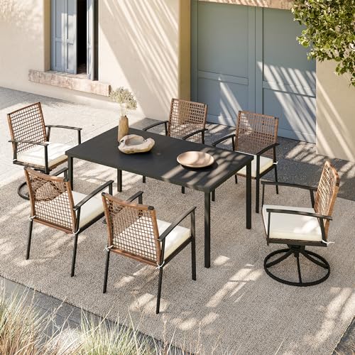 LAUSAINT HOME 7 Pieces Patio Dining Set, Outdoor Furniture Set of 6 Wicker Chairs (2 of Them Swivel) with Soft Cushion and Iron Slats Table Top with Umbrella Hole, Conversation Set for Backyard - color: Pe Rattan Black Fixed+swivel Chairs, size: 7-Piece