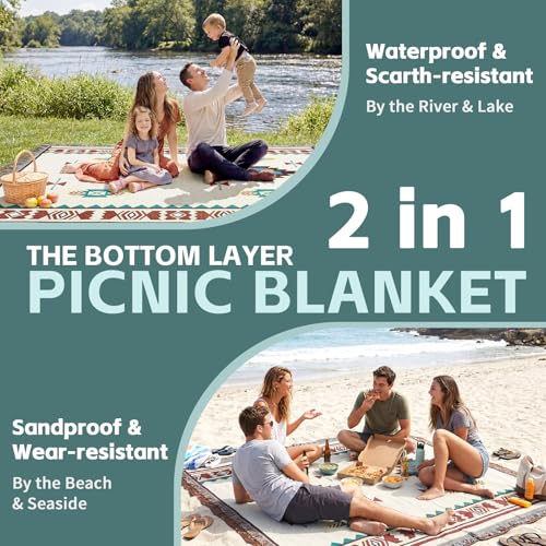 2 in 1 Extra Large Outdoor Picnic Mat Woven Summer Throw Blanket Boho Giant Beach Travel Essential Yoga Accessories Park Patio Lawn Garden Grass Ground Play Music Festival Concert Must Have - color: Boho Beige