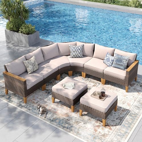 PHI VILLA 7-Piece Curved Patio Furniture Set, Half-Moon Wicker Sectional Furniture Sofa Set for 8 Seats with Cushioned 1 Curved Sectionals, 2 armless Seats, 2 one armrest Sofas and 2 Ottomans, Beige - color: Beige, size: 8 Seats - Curved