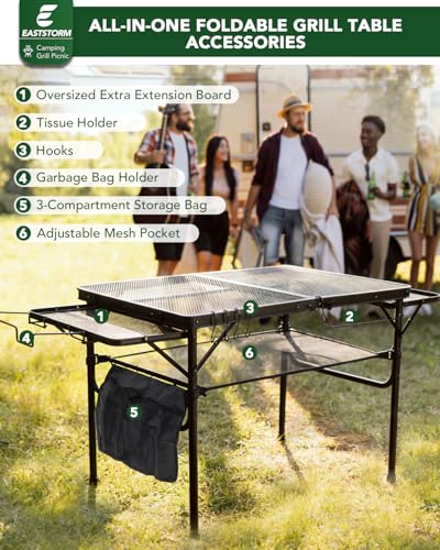 3ft Folding Camping Table with Wing Panels, Metal Mesh Grill Table,2 Adjustable Heights,Folding Table with Storage Net, Paper Towel Holder, Hooks, Trash Bag Rack, for Picnic,Camping,BBQ,Beach(Black) - color: 3ft With Wing Panels