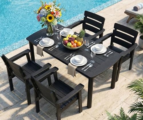 5-Piece Outdoor Dining Set, All-Weather HIPS Patio Table & Chairs for 4, Outdoor Furniture with Umbrella Hole, Ideal for Garden, Poolside, Backyard, Deck, Black - color: Black, size: 5 Pcs (1t+4c)