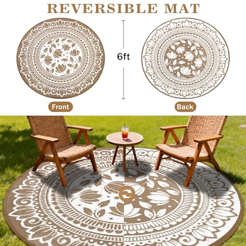 6ft Round Waterproof Outdoor Patio Rug, Reversible Plastic Straw Rug, Classic Floral Pattern Picnic Mat for RV Camping, Backyard, Deck, Porch & Garden, Light Taupe - color: Light Taupe, size: 6' (Round)