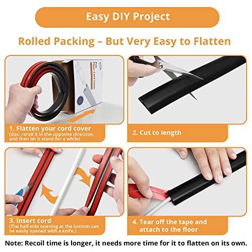 5ft Cord Cover Floor for Extension Cords, Floor Cable Cover, Self-adhesive Wire Cover to Protect Cables & Prevent Tripping, PVC Cord Hider Floor Cord Protector, Internal Channel Diameter: 0.39", Black - color: Black, size: W1'' x L5'
