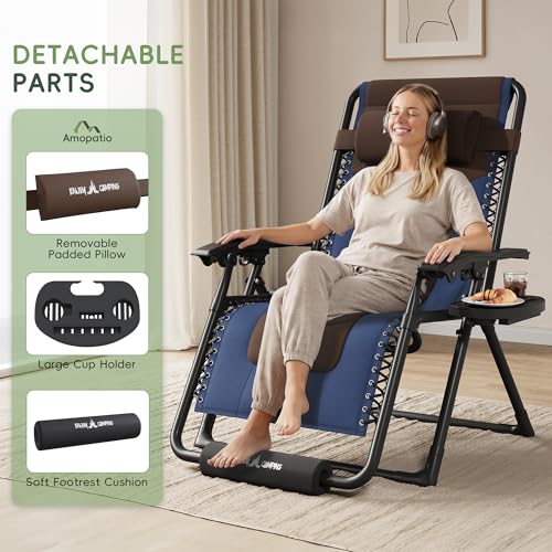 Amopatio Foldable Zero Gravity Chair, Oversized Outdoor Reclining Chair, 500LB Weight Capacity XLPatio Recliner with 0-170° Adjustable Backrest, Heavy Duty Lounge Chair with Cup Holder - color: Blue-brown, style: 29in-1pc