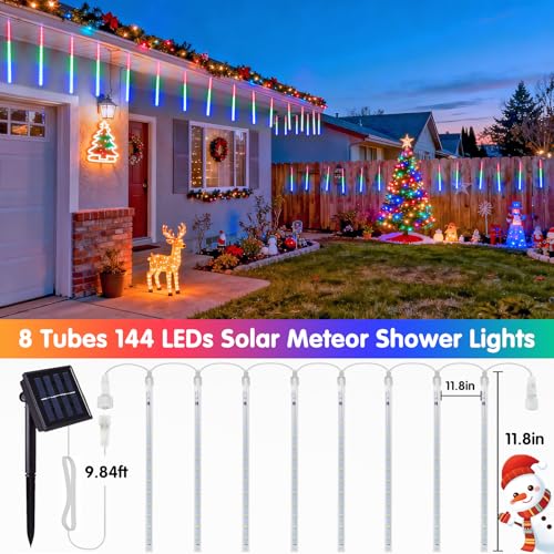 JMEXSUSS Solar Meteor Shower Rain Lights, 8 Tube 144 LEDs Multicolor Solar Christmas Lights, Led Falling Rain Christmas Light for Xmas Tree Wedding Holiday Party Patio Decoration - color: Multicolor, size: 1*144LED