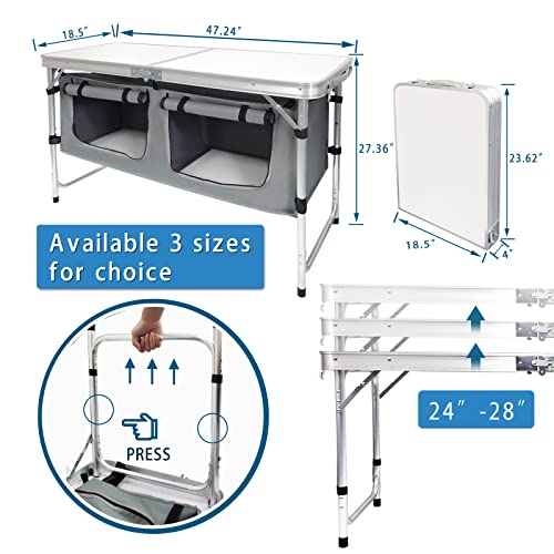 Folding Camping Table with Storage Aluminum Lightweight Camp Table Height Adjustable Picnic Tables for Outdoors Portable Foldable Beach Table Perfect for Tailgating, Travel, Backyards, BBQ, Party - color: White Standard
