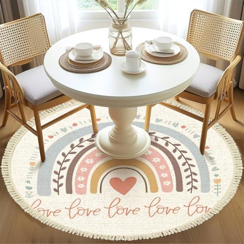 Round Boho Rug with Cute Childish Illustrations - Abstract Full Color Striped Arc in Area Rug - Linen Rug Carpet Patio Hallway Runner Mat Pad - Minimalist Home Decor for Living Room Outdoor - color: Multi1, size: 4' (Round)