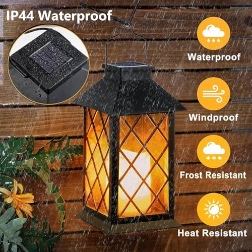 Solar Lanterns Outdoor Waterproof, 2 Pack 9" Glass Hanging Solar Lights with Flickering Flameless Candle, Outdoor Lanterns for Patio Wall Porch Table Garden Tree, Gift for Women Mom - Black - size: Black 9"