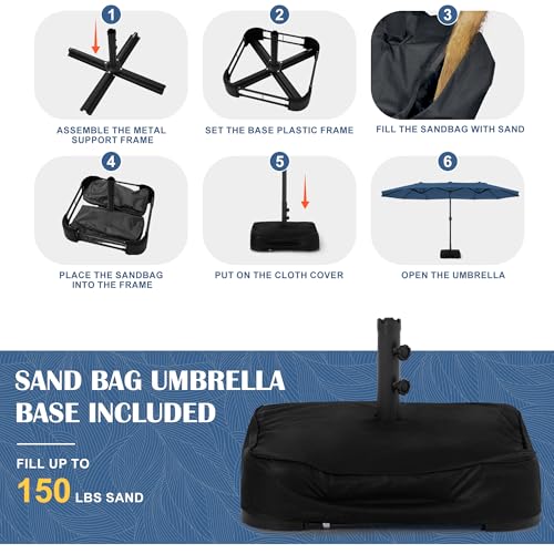 Sundale Outdoor 15ft Large Patio Umbrella with Base Included and Umbrella Cover, Outdoor Double-Sided Umbrella - color: Navy
