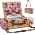 Picnic Basket with Blanket and Wine Pouch for 2, Wicker Picnic Set with Insulated Liner Cooler Bag Hamper for Camping,Wedding - Red Gingham - color: Red Gingham With Blanket for 2