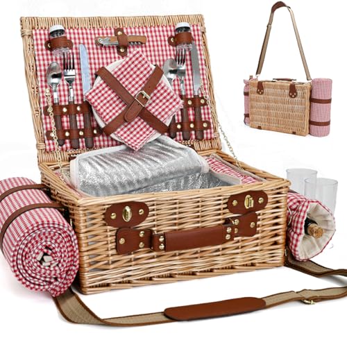 Picnic Basket with Blanket and Wine Pouch for 2, Wicker Picnic Set with Insulated Liner Cooler Bag Hamper for Camping,Wedding - Red Gingham - color: Red Gingham With Blanket for 2