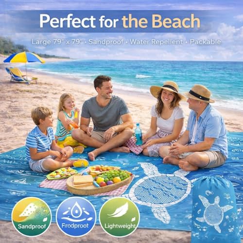 Oversized Beach Blanket (79" x 79") - Sandproof & Waterproof Outdoor Picnic Mat for 4-7 Adults - Lightweight, Foldable & Portable Ground Cover for Travel, Camping, Festivals - color: Sea Translucent Turtle