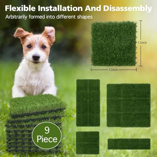 XLX TURF Interlocking Fake Grass Pad for Dogs Potty Tiles - 9 Pack 12" X 12" Square Artificial Grass Pee Mat for Puppy Tray Self Draining Indoor Outdoor Use