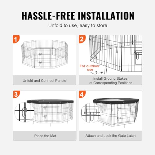 VEVOR Foldable Metal Dog Exercise Pen, Pet Puppy Playpen Yard Fence with Top Cover & Door, Indoor Outdoor 8 Panels 24" W x 24" H Dogs Crate Kennel with Ground Stakes for Small & Medium Dogs - size: 8 panels 24*24in, style: Playpen + Top Cover