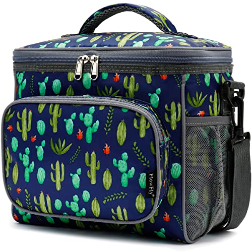 FlowFly Insulated Reusable Lunch Bag Adult Large Lunch Box for Women and Men with Adjustable Shoulder Strap,Front Zipper Pocket and Dual Large Mesh Side Pockets,Cactus - color: Cactus