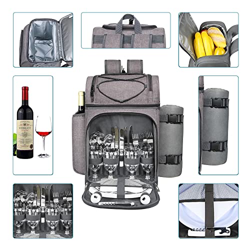 Hap Tim Picnic Basket Backpack for 4 Person with 2 Insulated Cooler Compartment, Wine Holder, Fleece Blanket, Cutlery Set, Wedding Gifts for Couples, Bridal Shower Gifts, Engagement Gifts(36079-G) - color: Gray, size: 4 Person