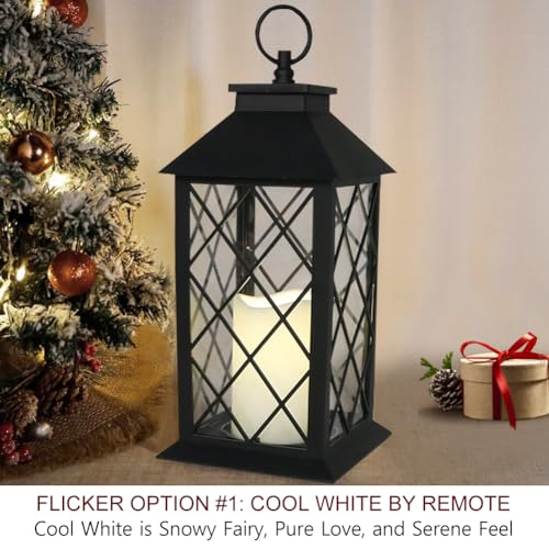 2-Pack 13.5" Candle Lanterns Outdoor Waterproof Decorative Lights with Timer Remote - Decorative Indoor LED Lanterns Battery Operated - Cool White Vintage Lantern Outdoor - color: 2-Pack: BLACK - TWO Flicker Options By Remote