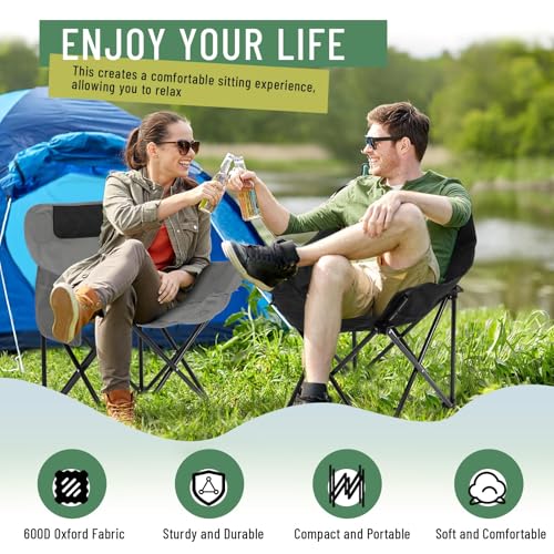 2 Pack Compact Camping Chairs Portable Folding for Outside with Carry Bag Lightweight Moon Chairs for Travel Picnic Hiking Beach Fishing, 600D Oxford, Supports 330lbs(Grey, Black) - color: Grey, Black