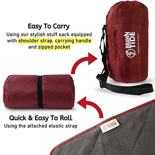 BRAWNTIDE Large Outdoor Waterproof Blanket - Extra Thick Fleece, Warm, Windproof, Sandproof, Quilted, 82" x 55", Ideal for Beaches, Picnics, Camping, Stadiums, Dogs, Car - color: Wine