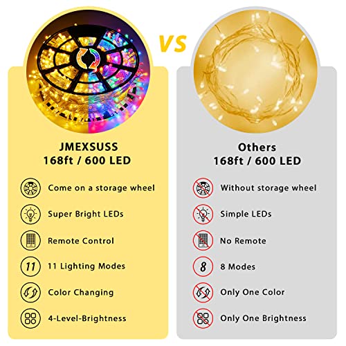 JMEXSUSS 600 LED Color Changing String Lights Plug in, 168FT Warm White & Multicolor Christmas Lights with Remote, Christmas String Lights Outdoor Waterproof Clear Wire for Tree Xmas Decor - color: Warm White to Multicolor, size: 600 LED