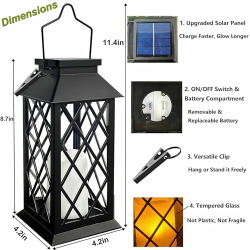Solar Lanterns Outdoor Waterproof, Flickering Candles Hanging Solar Lights for Outside Garden Patio Wall Porch Decorative, Lamp with Upgraded Solar Panel, Tempered Glass & Clip, Black 2 Pack - style: Black*2, 4.2*4.2*8.7in