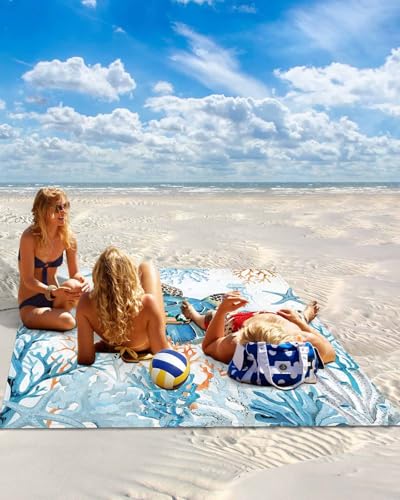 Beach Blanket Sandproof Oversized 95" x 80" Ocean Sea Turtle Waterproof Quick Drying Sand Free Mat Coral Starfish Picnic Blankets for Outdoor Travel Camping Hiking Park - color: Blue, size: 95''x80''