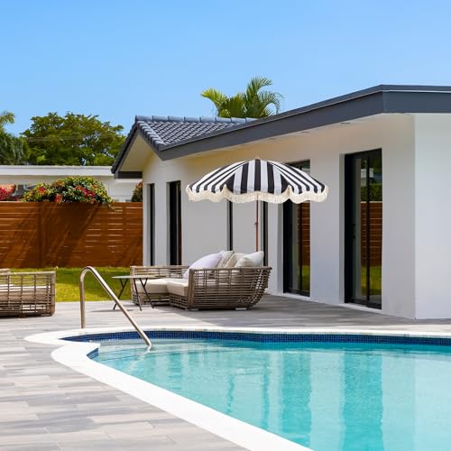 Rayjee 6.5FT Patio & Beach Umbrella with Fringe, Outdoor Sun Umbrella with Tilt & Adjustable Height, Aluminum Pole Market Umbrella for Garden, Deck, Pool & Beach - color: Black and white stripes