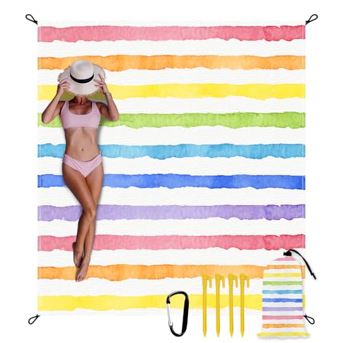 Beach Blanket Waterproof Sandproof Oversized Extra 79 * 88inch Sand Free Beach Mat with Stakes, Storage Bag - Essentials for Outdoor Beach, Picnic,Quick Drying Durable - color: Vintage Stripes, size: 6.6x7.2 FT (1～4 Person)