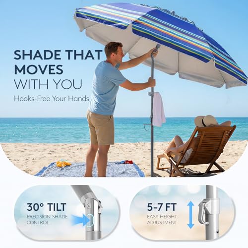 PASAMIC 7ft Beach Umbrella for Sand with Sand Anchor & Tilt, UPF 50+ Protection Beach Umbrellas for Heavy Duty Wind Portable with Carry Bag and Hook, for Patio Pool, Dark Blue Stripes（Random pattern） - color: Dark Blue Stripes, size: 7FT
