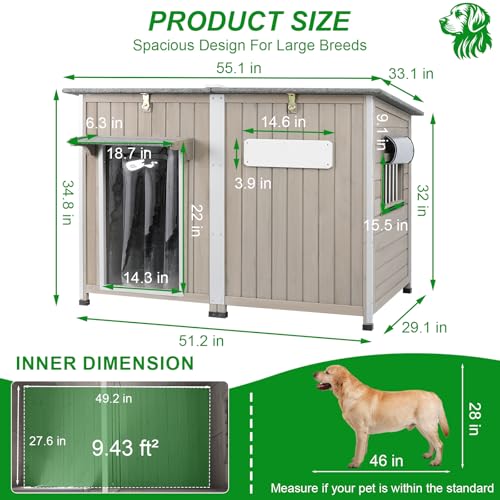 Gowoodhut Big Dog House Outdoor Dog Houses for Large Dogs Outside with Adjustable Vent Window, Removable Floor, Easy Assembly for Medium to Large Dogs(55" L x 29" W x 35" H) - size: 55" L x 33" W x 35" H