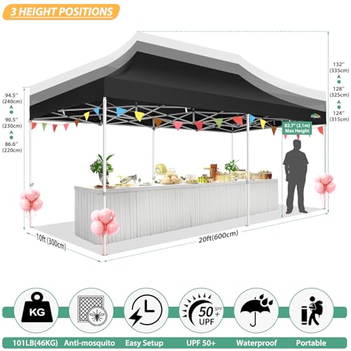 COBIZI 10x20 Heavy Duty Pop up Canopy with 6 Sidewalls, Canopy Tent with Mosquito Netting, Easy up Screen Party Tent for Parties Wedding Outdoor Patio Commercial Gazebo with Roller Bag, Black - color: Black, size: 10x20ft(standard)