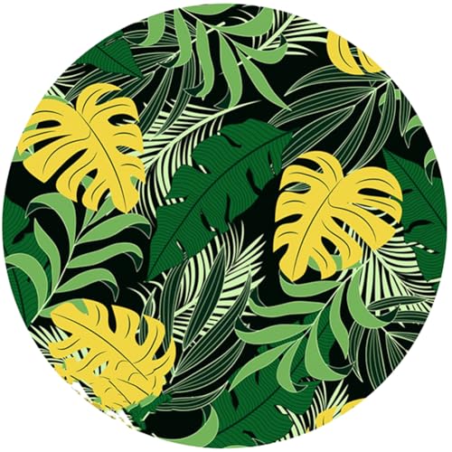 Round Gold Green Jungle Monteral Palm Leaves Texture Tropical Flora Rug for Patio Balcony Deck Camping Porch Waterproof Outside Area Rug 2' Non Slip Carpet - color: J, size: 2ft