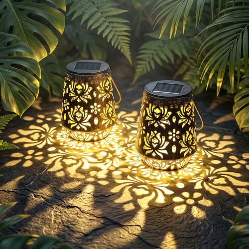 Edenseelake 2 Pack Solar Hanging Lanterns Outdoor Waterproof, Metal Flower Solar Lights, Decorative LED Lantern for Garden, Patio, Porch, Yard, Lawn, Bronze - color: Chrysanth, size: 2 packs