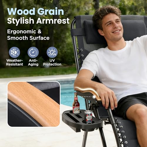 PHI VILLA XXL Oversized Padded Zero Gravity Chair, Foldable Patio Recliner, 30" Wide Seat Anti Gravity Lounger with Cup Holder, Support 400 LBS (Light Gray) - color: Light Gray, style: 1 Pcs