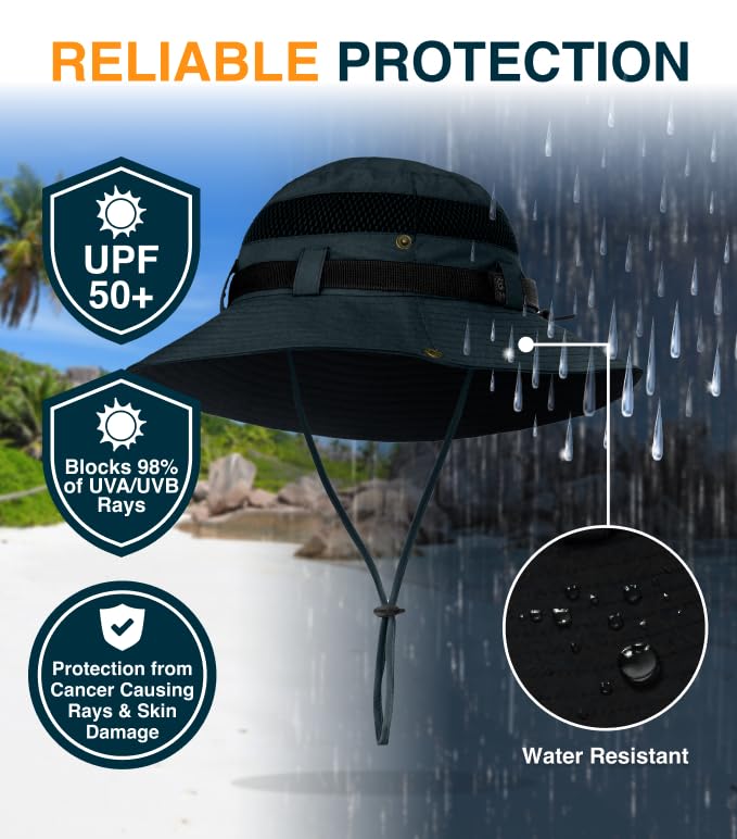 GearTOP Wide Brim Sun Hat for Men & Women, UPF 50+ Fishing Hat with Detachable Neck Flap & Face Cover Gardening Boonie Sunhat - color: Black Wanderer