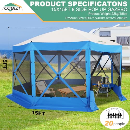 COBIZI 15x15 FT Pop Up Gazebo - Canopy Tent, Large Gazebos On Clearance with Sidewalls, Screened in Gazebo,carpas para Patio,Portable Screen Tents for 12-15 Persons Outdoor Camping, Backyard,Blue - color: Blue, size: 15x15ft Essential Gazebo