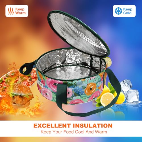 Round Insulated Pie Carrier Portable Food Cake Transport Lunch Bag for Potlucks Picnics Parties Gathering Outdoor Events Travel (Green Floral) - color: Green Floral