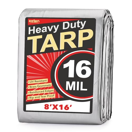 Keten Tarps Heavy Duty Waterproof 8X16 Feet, Extra Thick 16 Mil, Tear & Fade Resistant, UV Blocking, Outdoor Tarp with Reinforced Grommets for Roof, Camping, Patio, Pool, Boat(Silver/Black) - color: 16mil Sliver/Black, size: 8x16ft