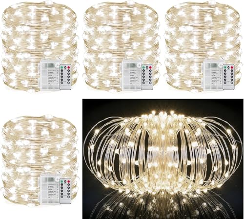 33Ft String Lights Battery Operated with Remote Control Timer, 100LED 4 Pack Waterproof 8 Modes Copper Wire Twinkle Fairy Lights for Bedroom Indoor Outdoor Wedding Dorm Christmas Decorations - style: 33ft, White